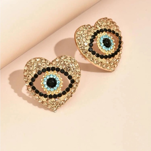 Gold Heart Rhinestone Evil Eye Earrings - Picture 3 of 3